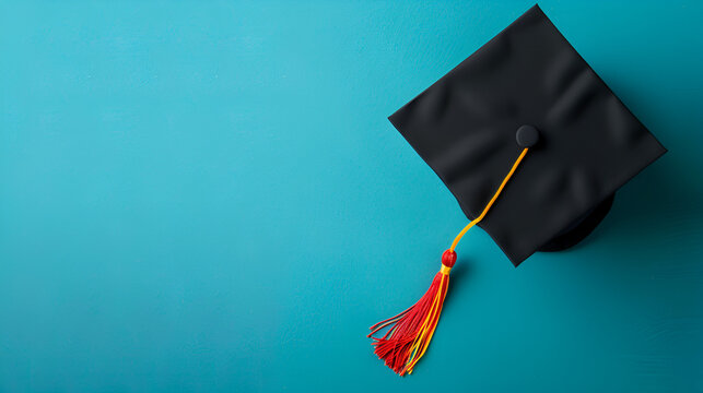 fondo liso azul con espacio para copiar para dise&ntilde;o de graduacion birrete y borra terminando los estudios en la escuela con espacio para copiar