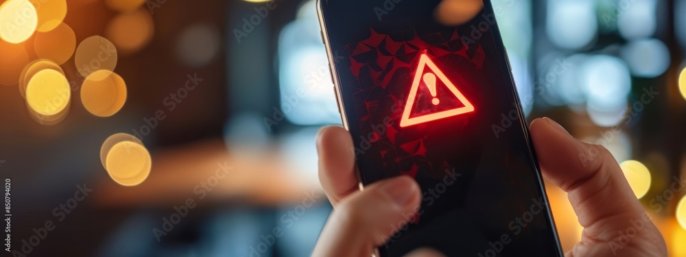 Poster focus on the phone showing an error or warning message.