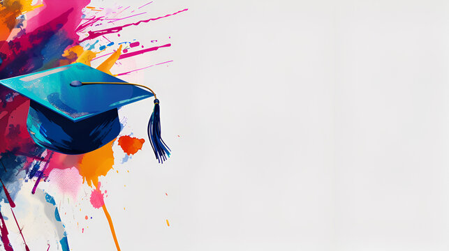 fondo blanco con pintura de elementos de graduacion de la escuela termino de estudios exito y aprendiaje gorro de graduado birrete colorido con espacio para copiar