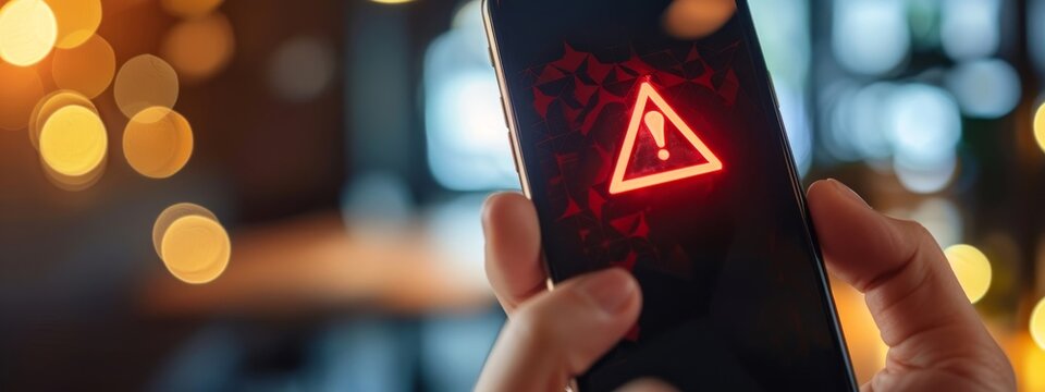 Focus on the phone showing an error or warning message.