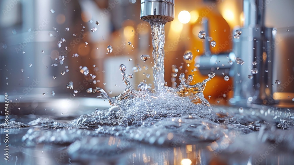 Poster high-speed shutter capture of water splashing from a tap, creating dynamic droplets and ripples on a