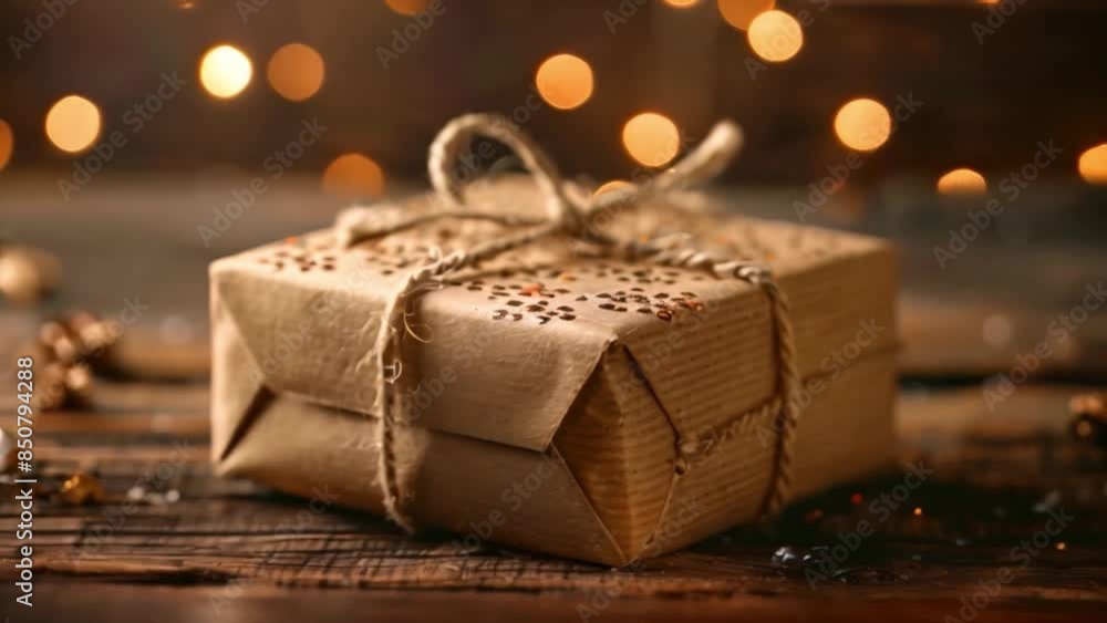 Poster this close-up of a gift box wrapped in rustic brown paper. a wooden surface with warm bokeh lights