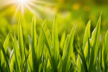 Fototapeta premium Beautiful natural background macro image of young juicy green grass in bright summer spring morning sunlight. nature outdoors, wide format with copy space. Ai generative.