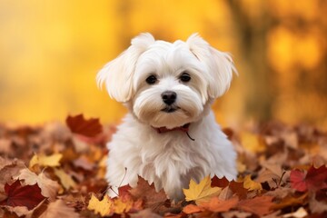 Portrait of a cute maltese in background of autumn leaves