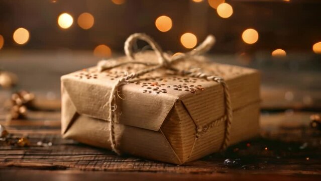 This Close-up of a gift box wrapped in rustic brown paper. A Wooden Surface With Warm Bokeh Lights
