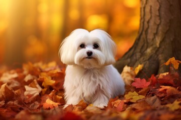 Portrait of a cute maltese while standing against background of autumn leaves