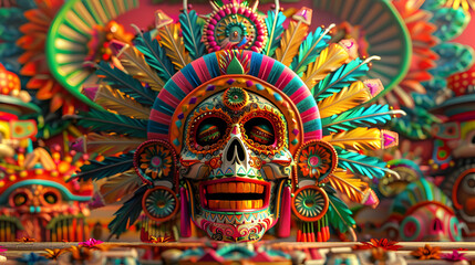 Obraz premium mascara o calavera con colores fuertes y coloridos llamativos y brillantes mascar representativa de mexico y su cultura tradicion artistica 