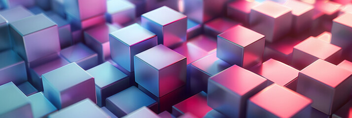 Abstract 3D Geometric Art with Soft Gradient Colors of Pink, Blue, Purple. Cube Pattern Background