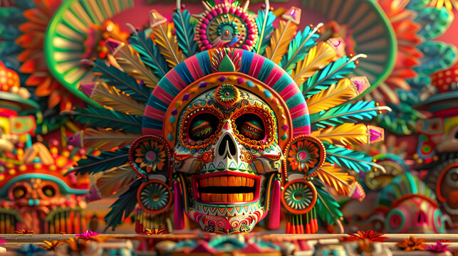 mascara o calavera con colores fuertes y coloridos llamativos y brillantes mascar representativa de mexico y su cultura tradicion artistica 