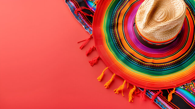 fondo liso rojo con espacio para copiar de decoracion un sombrero y un sarape mexicano colorido muchos colores fuertes para celebrar la independencia de mexico o revolucion dise&ntilde;o mexicano