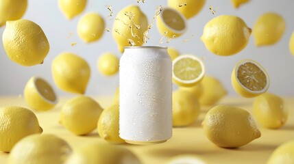 Refreshing Lemonade Beverage with Lemons in a Glass Can on a Bright Background