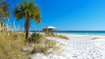 Fototapeta premium Step outside your beach cabin and onto the white sandy beach where the only sounds youll hear are the gentle crashing of waves and the occasional chirping of a bird.