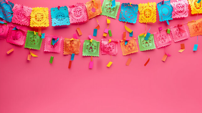 fondo rosa mexicano con adorno de papel picado coloridos en diferentes tonos con espacio para copiar festividad 