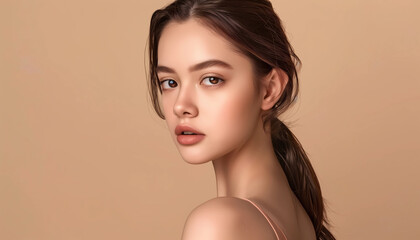A portrait of a young woman exuding serene elegance with her flawless skin and subtle expression