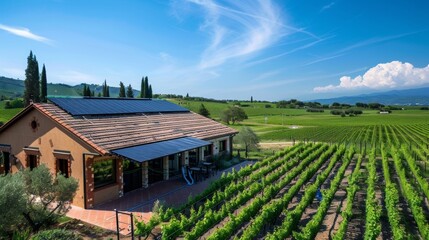 A winery in the countryside utilizing solar power to run their refrigeration system and maintain the perfect temperature for their wine production.