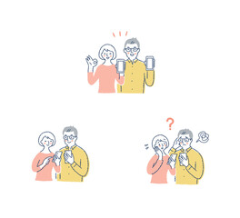 スマートフォンを持っているカップル　3つの表情