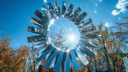 A giant rotating sunburst made of metal and glass standing tall in a public square and powered entirely by solar energy.