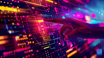 A detailed illustration of a hand interacting with a touch screen interface pressing a digital button