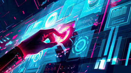 A detailed illustration of a hand interacting with a touch screen interface pressing a digital button