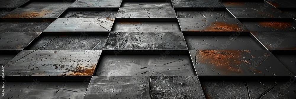 Aufkleber Abstract Metallic Grid with Rust Textures and Industrial Design Elements in Modern Art Composition