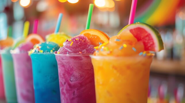Colorful slushie drinks in a row, vibrant lighting, shallow depth of field