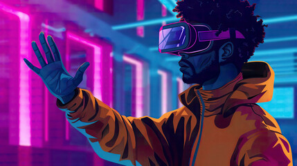 Obraz premium A detailed illustration of an African American man using a virtual reality headset to play video games