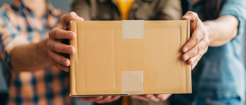 Teamwork Unboxing Joy Close-up of Woman and Man Holding Big Box in Modern Office, Excited for New Well-lit House Move-In - Powered by Adobe