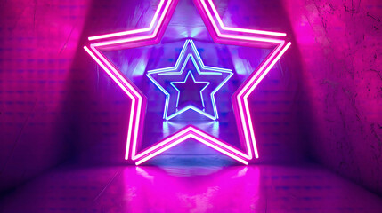 Obraz premium A high-resolution 3D render of an ultraviolet neon star shape with glowing lines forming a portal or tunnel