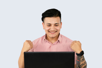 Front Desk Male Receptionist with Mobile Device Laptop and Notepad gives expressions and gestures of happy in Office Environment