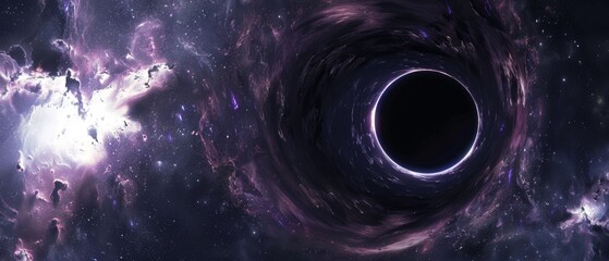 Black hole, enigmatic dark center with luminous swirling gas and dust, intense gravitational forces pulling everything inward, set against a star-filled space background