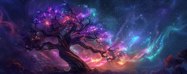 A majestic Tree of Life under a galactic sky, embodying quantum energy and healing, perfect for sci-fi, fantasy, and spiritual themes