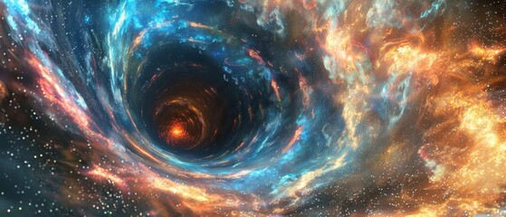 Black hole, deep dark singularity with vibrant energy jets emanating from its poles, luminous matter spiraling into the abyss, framed by the void of space