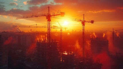 Construction Cranes at Sunset in a City