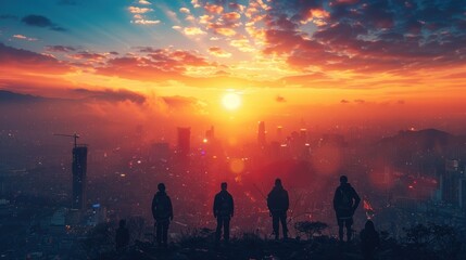 Silhouettes of People Admiring the Sunset over a Cityscape