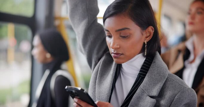 Business, woman and commute on bus and smartphone, typing and waiting for stop with public transportation. Networking, morning and journey with social media, work employee and online browse on metro