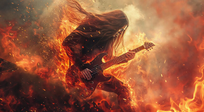 A rock guitarist with long flowing hair passionately plays his guitar amidst a fiery inferno, surrounded by flames and smoke, creating a powerful and intense scene.