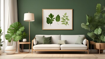 The interior design of a warm and inviting living room features a mock-up poster frame, a wooden sideboard, a white sofa, a green stand, a base with leaves and plants, and an elegant lamp. AI-Powered 
