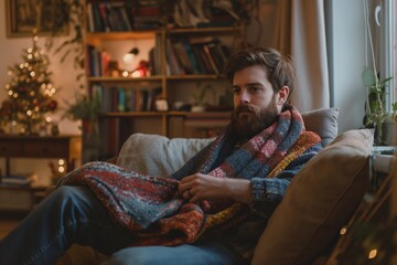 Fototapeta premium Bearded man sitting on couch with blanket wrapped around him indoors cozy home background
