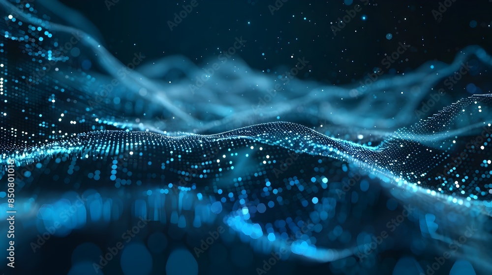 Poster futuristic digital particle wave flowing through luminous cyber landscape with glowing data