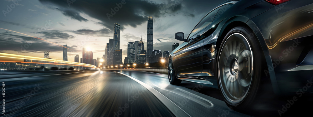 Poster a closeup of the side view of a car with its headlights on, driving at high speed along an empty hig
