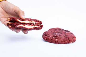 redvelvet cookie with white chocolate and white background