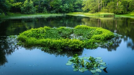 Obraz premium A natural pond with a small island in the center covered in dense vegetation that serves as a natural filtration system for the surrounding water.