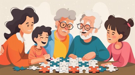 Fototapeta premium Grandparents and grandchildren doing a puzzle together, with a cyan puzzle piece.