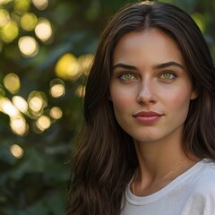 Fototapeta premium A young woman with captivating green eyes and flowing brown hair.