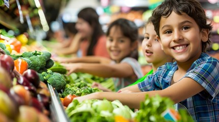 Grocery Shopping: Create an image of children helping their parents shop for fresh produce in a local grocery store, emphasizing their engagement and the healthy options available.