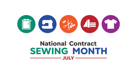 National Contract Sewing Month. Contract, sewing machine, scissors, thread, needle, fabric and t shirt. Great for cards, banners, posters, social media and more. White background. 