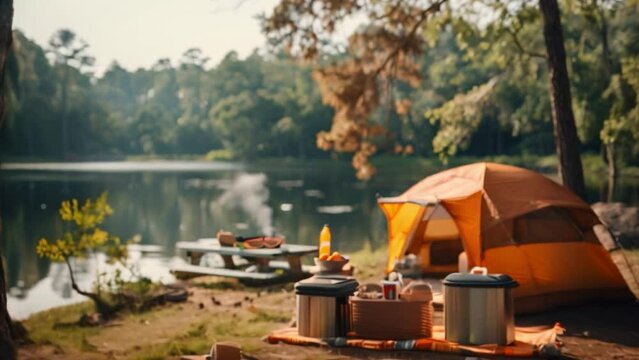 This campsite with an orange tent, a picnic table, and coolers set up near a lake.
