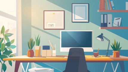 Home Office Setup: Depict a person setting up a home office, using a Barclaycard to buy necessary equipment. The scene should be productive and modern.