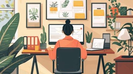 Home Office Setup: Depict a person setting up a home office, using a Barclaycard to buy necessary equipment. The scene should be productive and modern.
