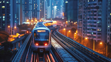 Obraz premium An elevated train, a subway rides along the tracks, and behind it the bustling night cityscape softly blurs. Selective focus.